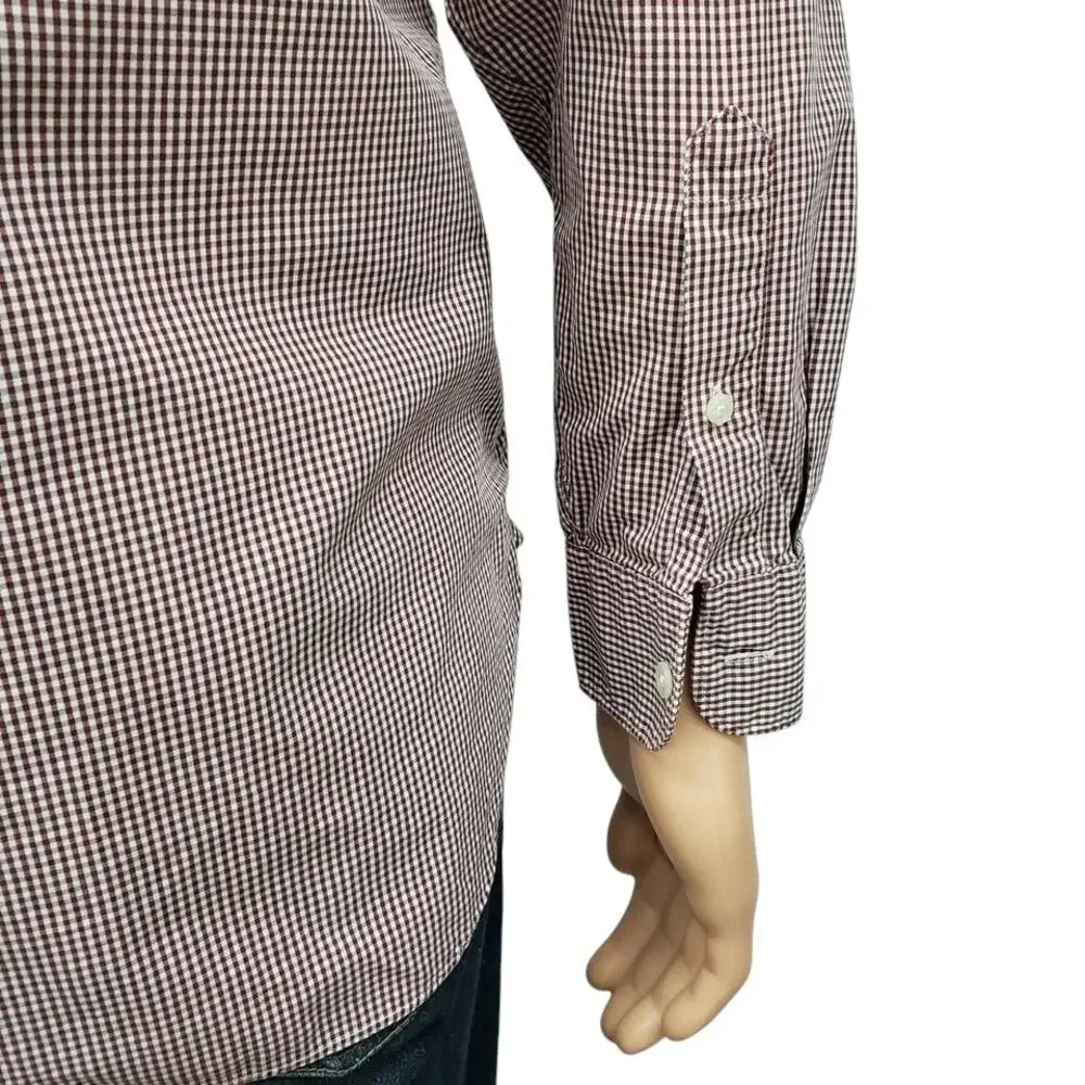 J. CREW Dress Shirt Gingham Micro Check Burgundy 80s 2 Ply 100% Cotton 15-15.5 M